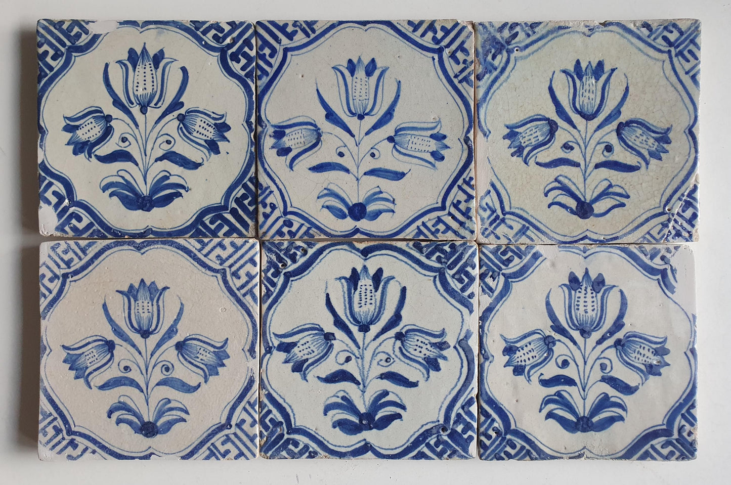 Antique Delft Tulip Tiles, 17th Century Dutch Wall Decor, Set of 6