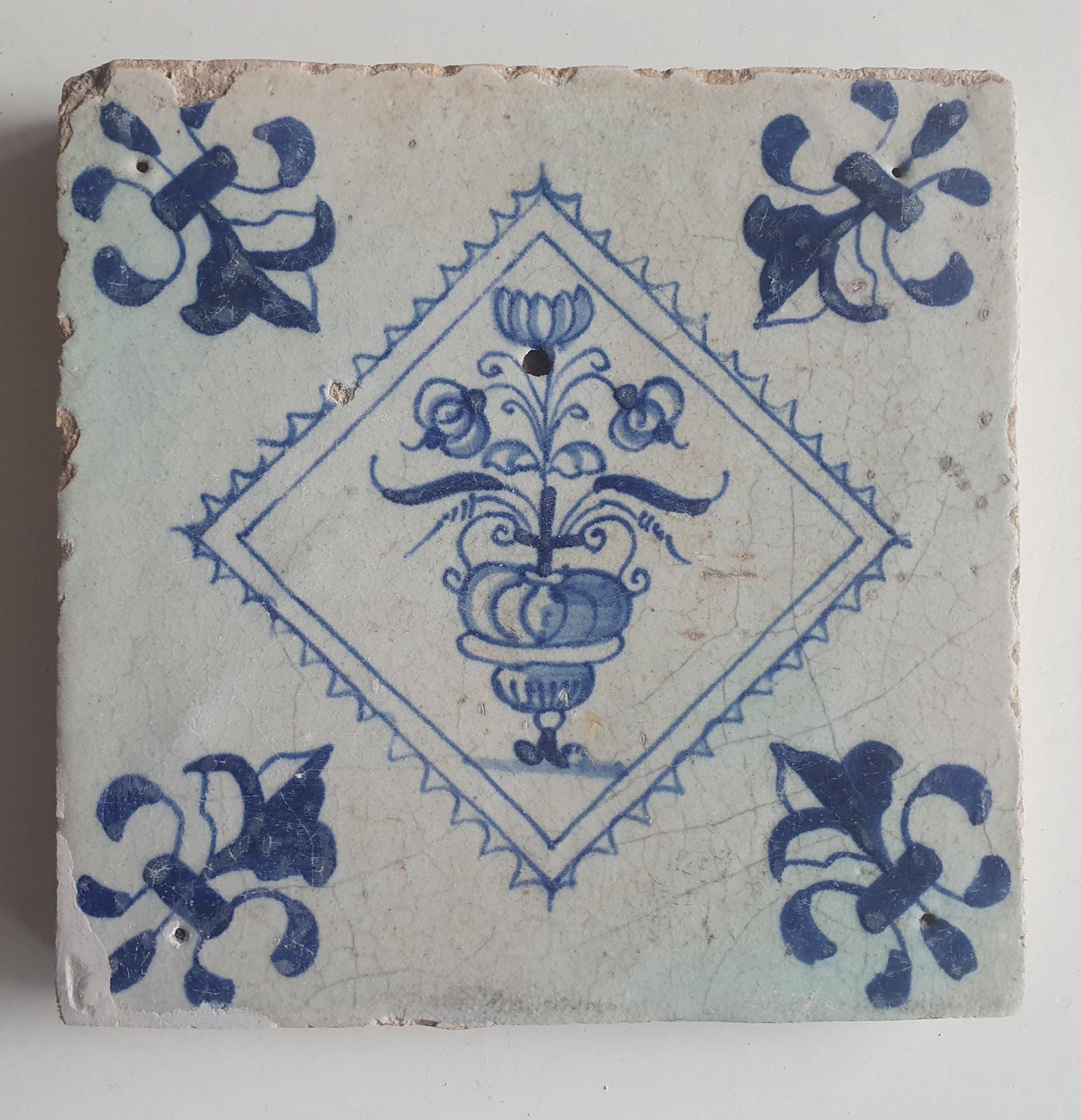 Antique Dutch Tile  17th -  flowerpot , lilyhead corner - Dated 1640 tulp  in antique