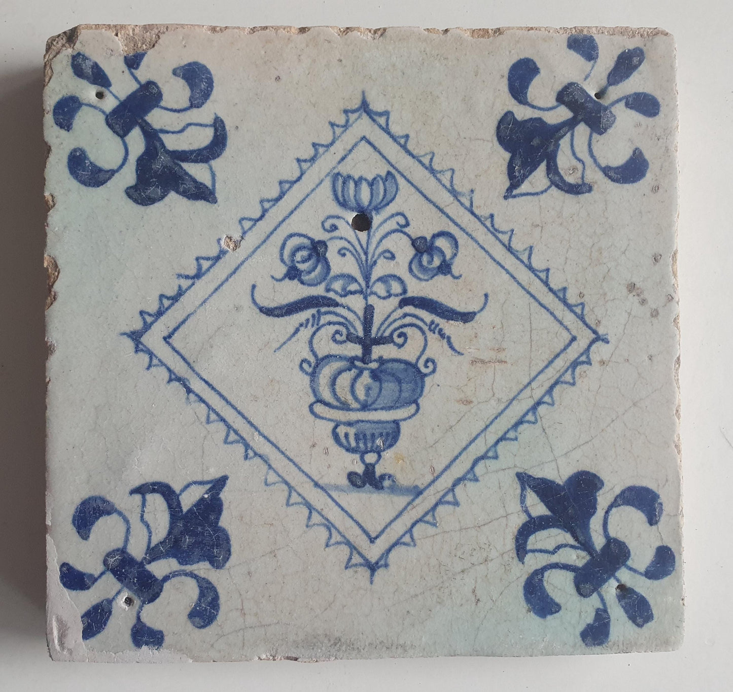 Antique Dutch Tile  17th -  flowerpot , lilyhead corner - Dated 1640 tulp  in antique