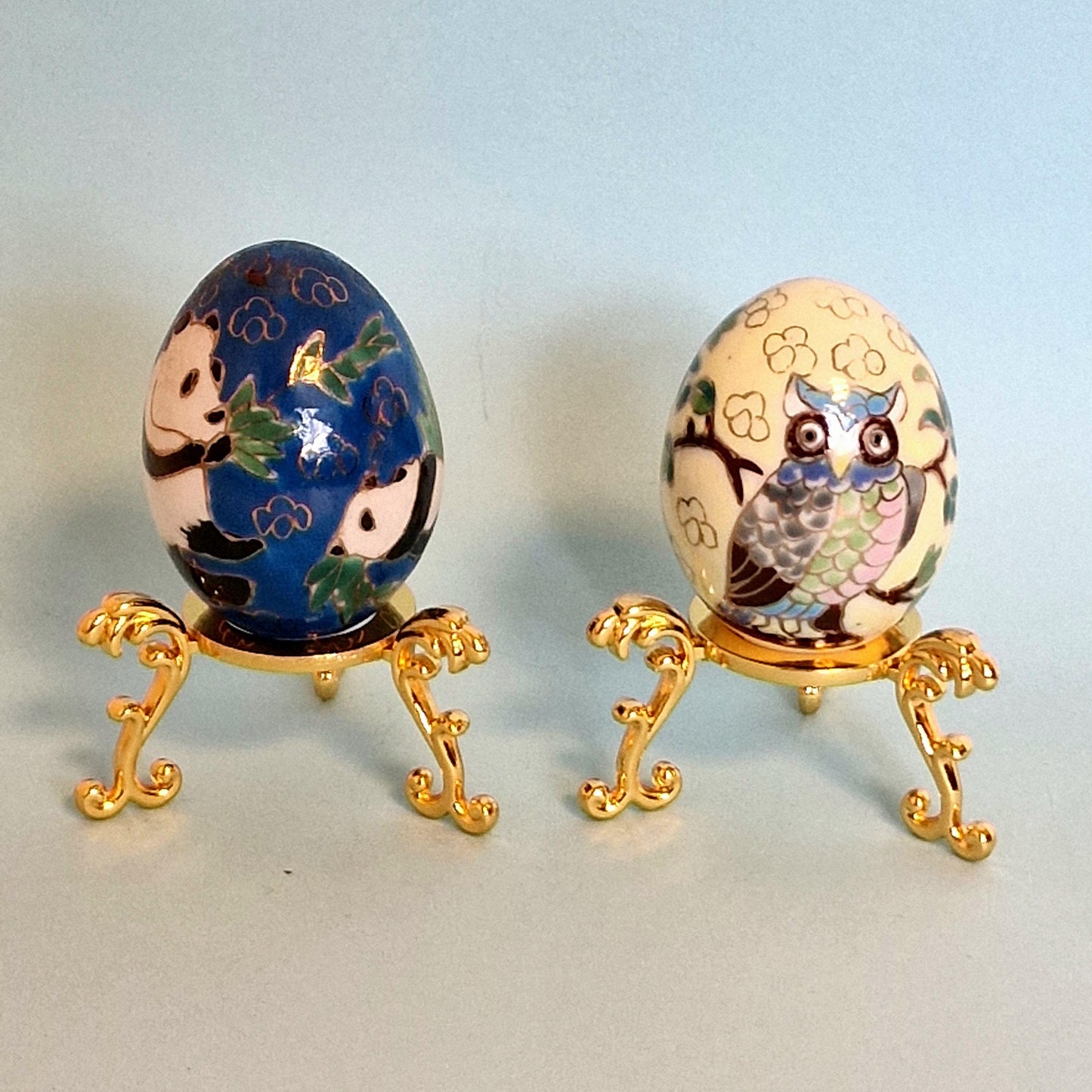 Vintage Cloisonne Panda and Owl Eggs – Enamel Porcelain, Goldwire Stands, China ca. 1960