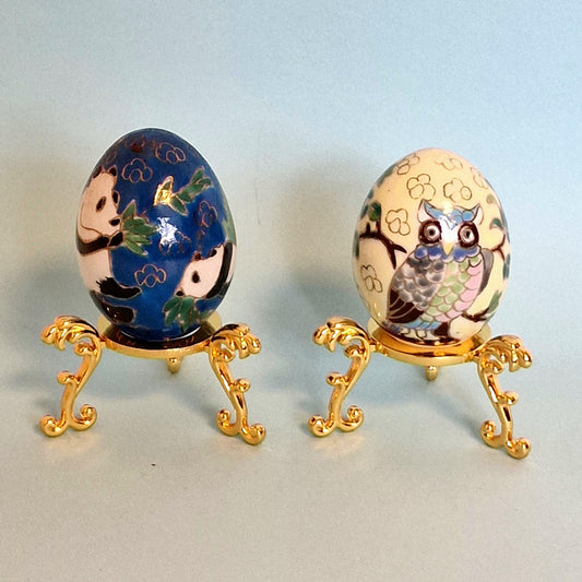 Vintage Cloisonne Panda and Owl Eggs – Enamel Porcelain, Goldwire Stands, China ca. 1960