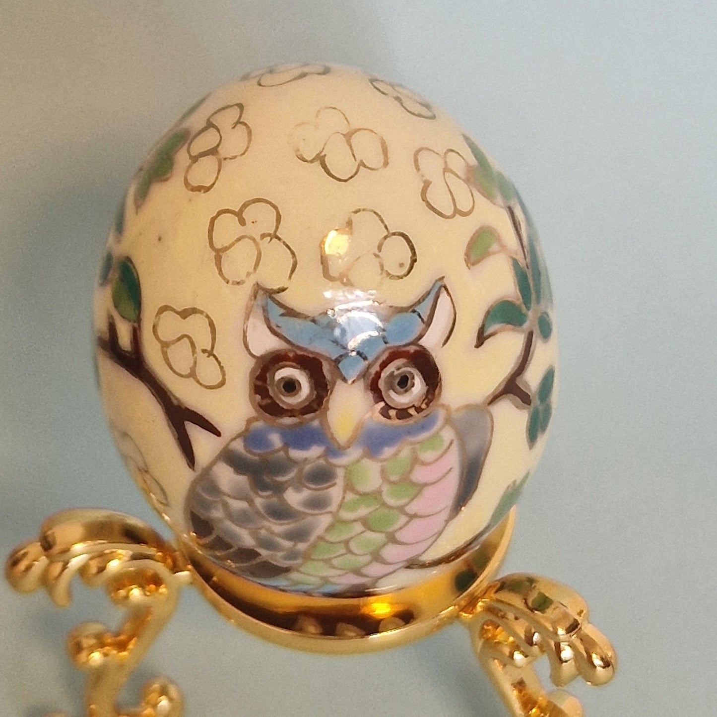 Vintage Cloisonne Panda and Owl Eggs – Enamel Porcelain, Goldwire Stands, China ca. 1960