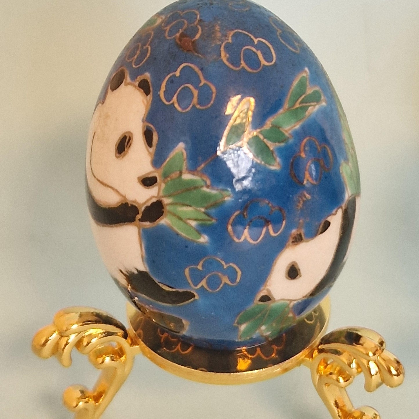 Vintage Cloisonne Panda and Owl Eggs – Enamel Porcelain, Goldwire Stands, China ca. 1960