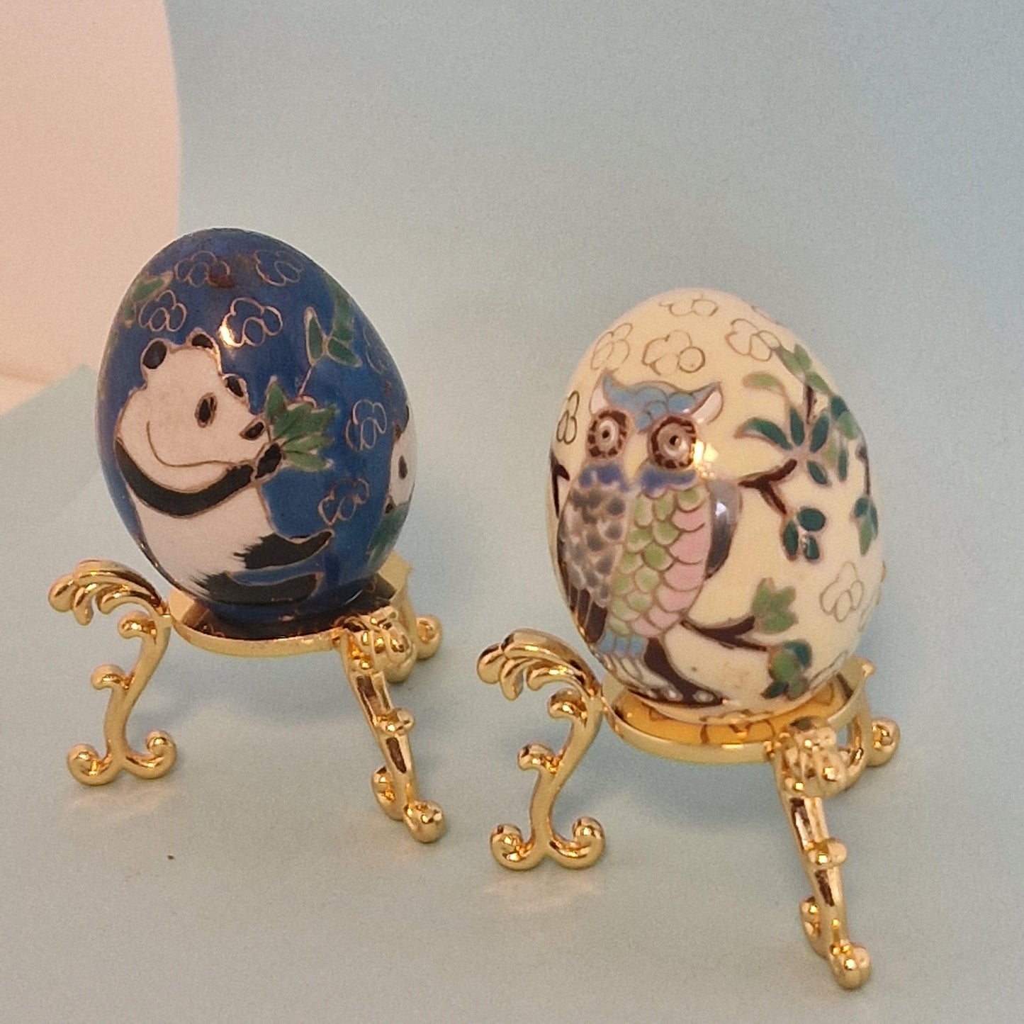 Vintage Cloisonne Panda and Owl Eggs – Enamel Porcelain, Goldwire Stands, China ca. 1960