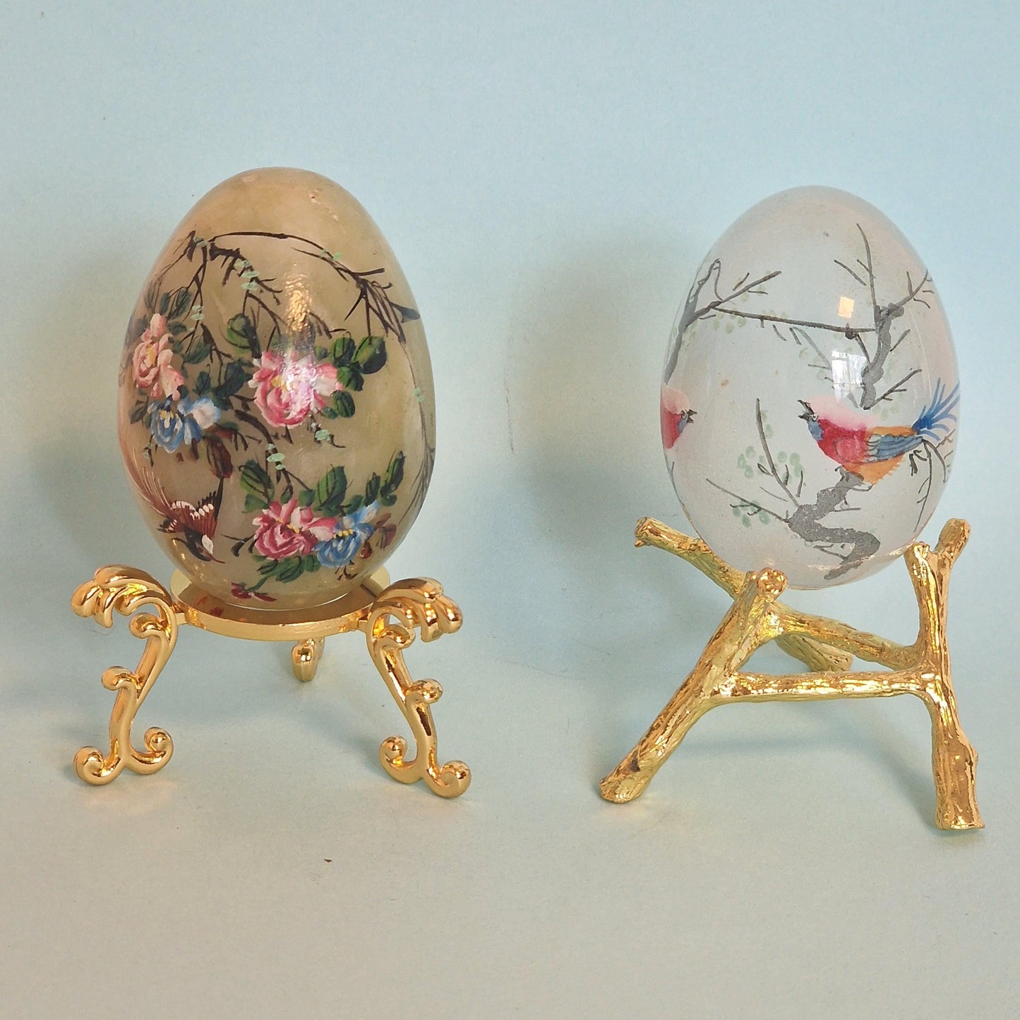Handpainted Faberge Style Collector Eggs on Gold Gilt Stand