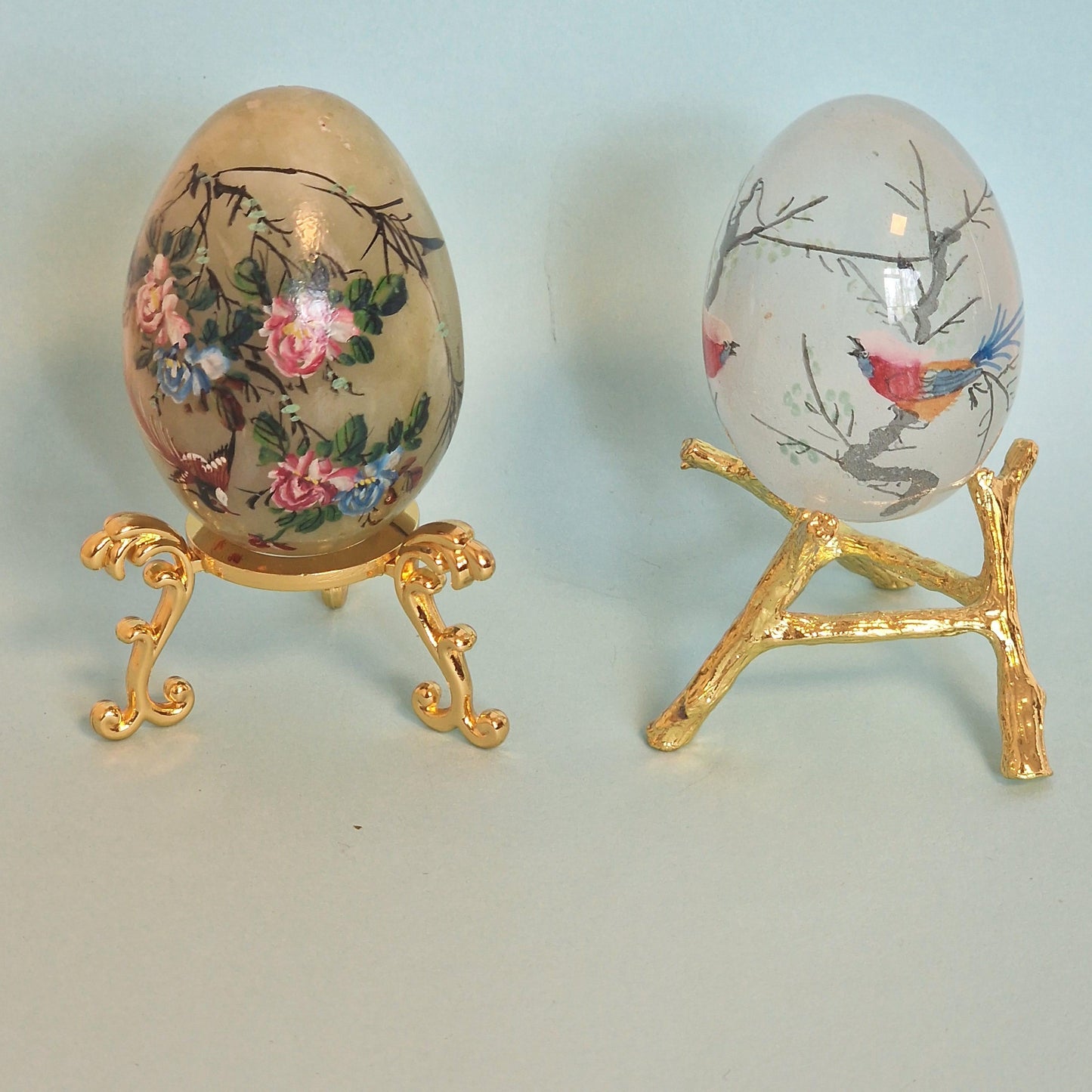 Handpainted Faberge Style Collector Eggs on Gold Gilt Stand