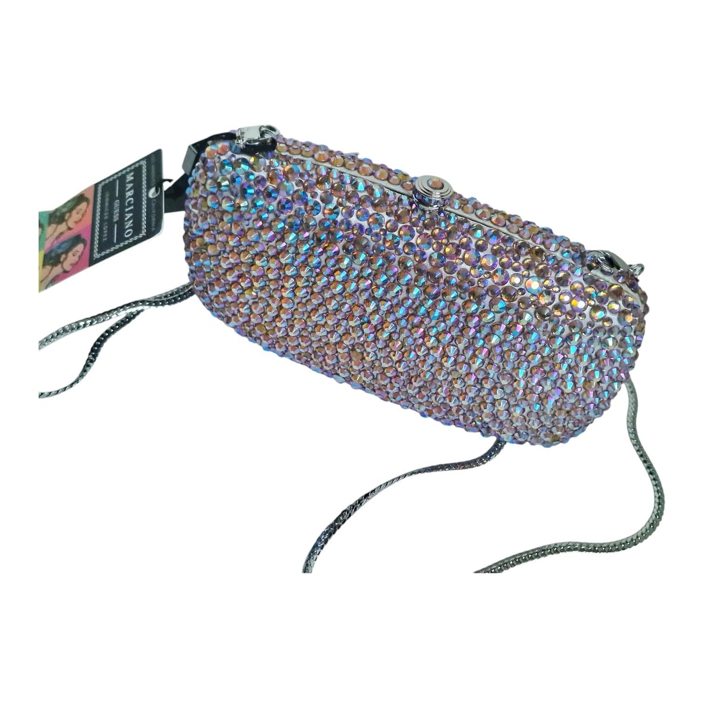 marciano guess rhinestone minaudiere sparkling crossbody gala bag gold chain strap, cards, dustbag, rare collectable not in mass production