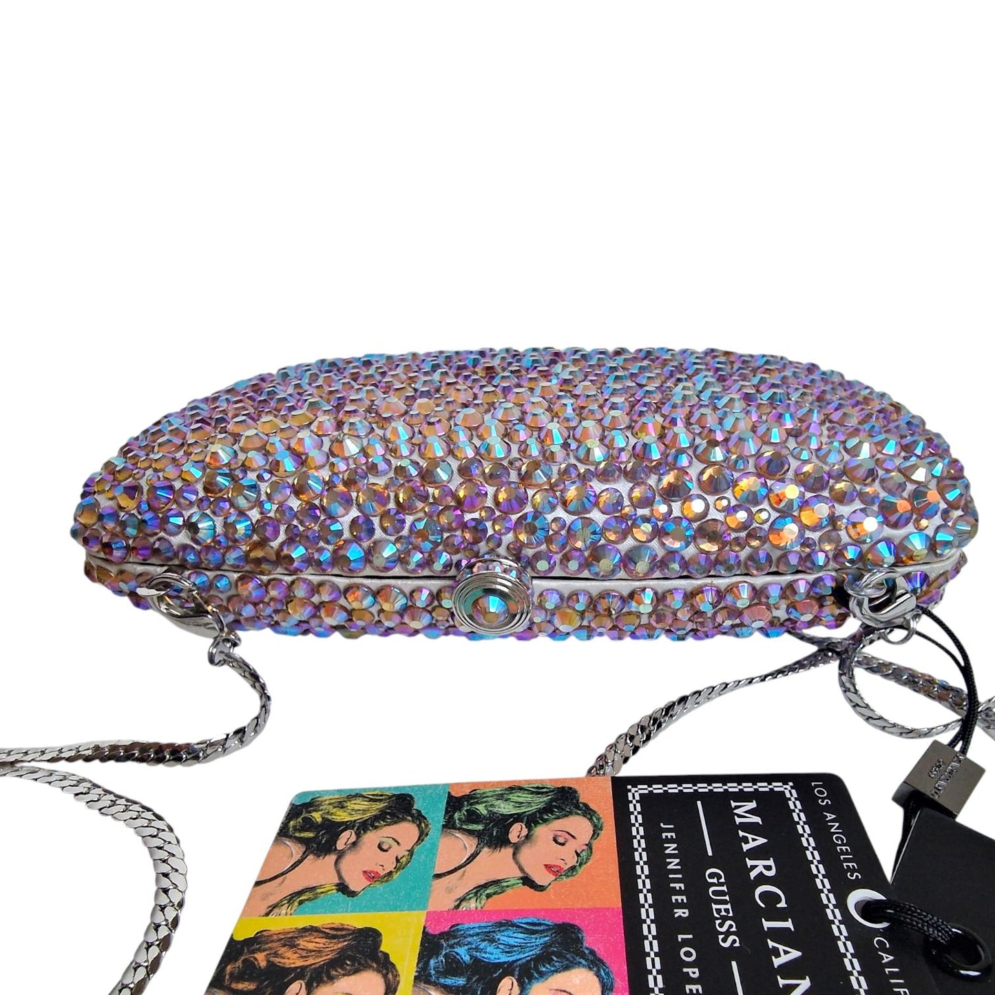 marciano guess rhinestone minaudiere sparkling crossbody gala bag gold chain strap, cards, dustbag, rare collectable not in mass production