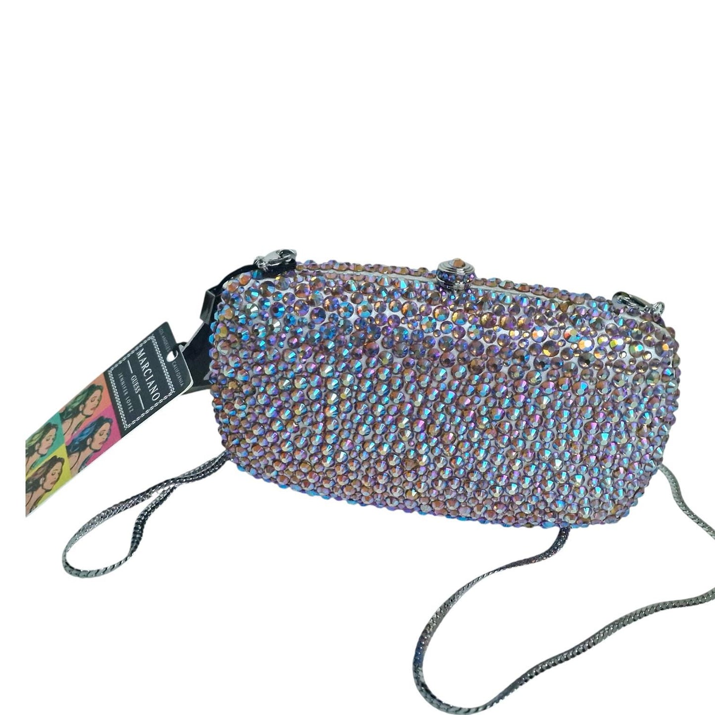 marciano guess rhinestone minaudiere sparkling crossbody gala bag gold chain strap, cards, dustbag, rare collectable not in mass production