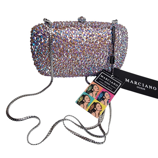 marciano guess rhinestone minaudiere sparkling crossbody gala bag gold chain strap, cards, dustbag, rare collectable not in mass production