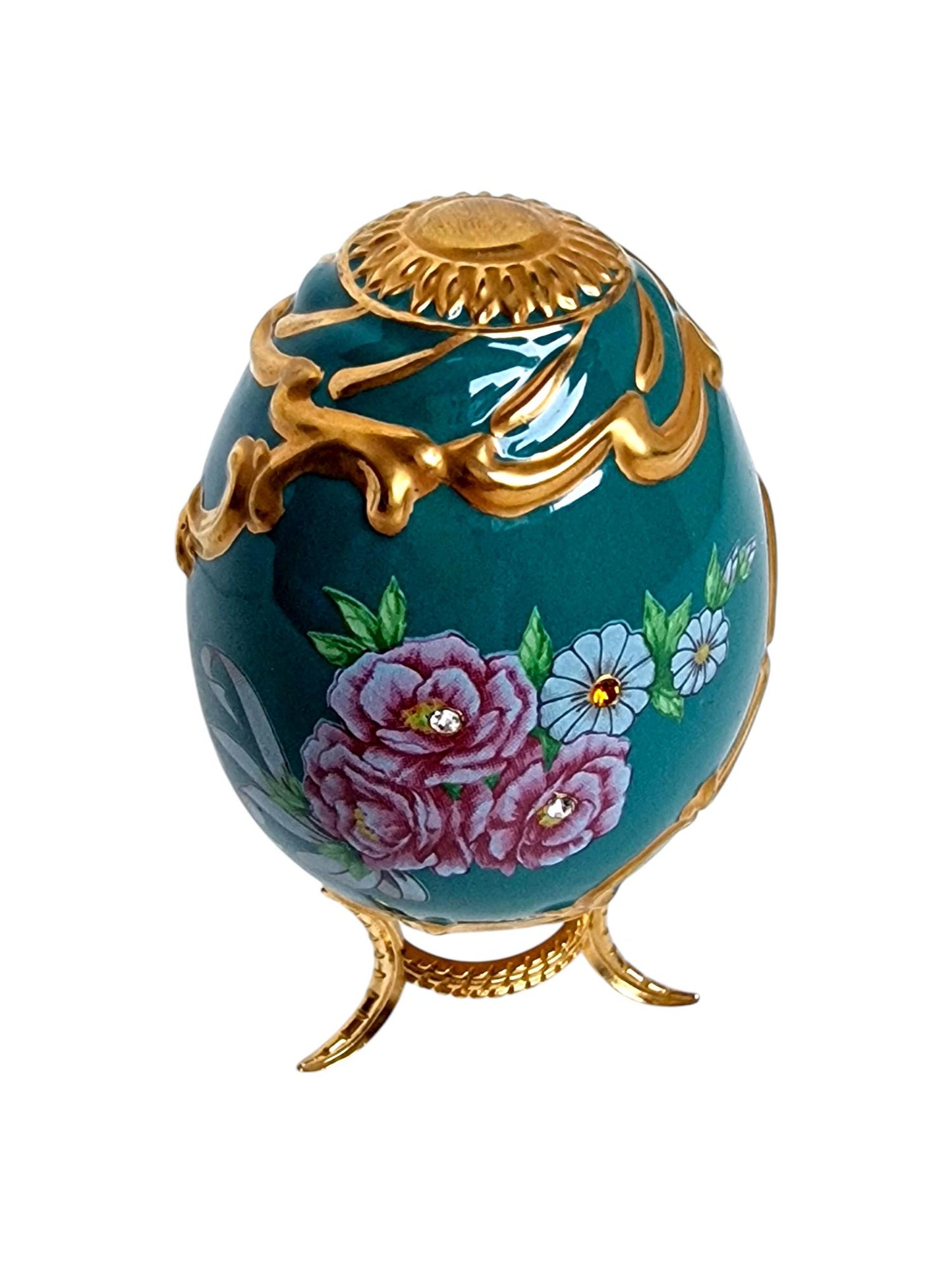 House of Fabergé porcelain Collector Egg, Faberge F.Mint 24K gilt, crystals, flowers