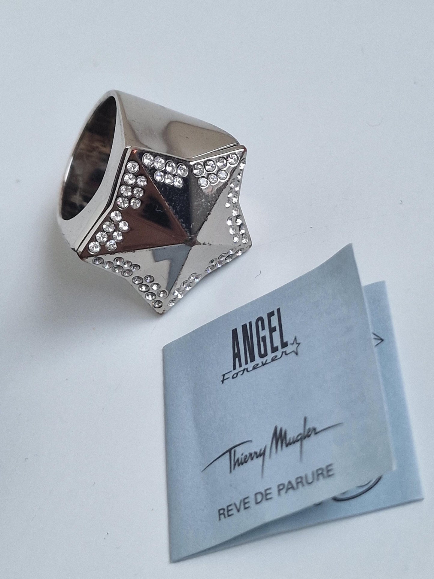 Thierry mugler ring w secret compartiment , swarovski and steel, 'poison ring' retired rare