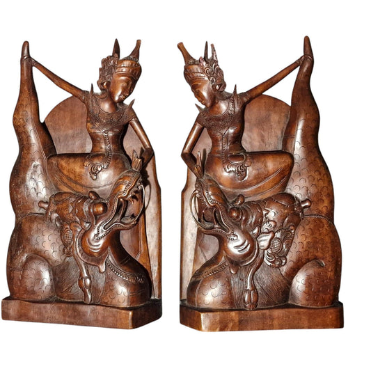 Handcarved Indonesian Wood Dancers Sculpture Bookends