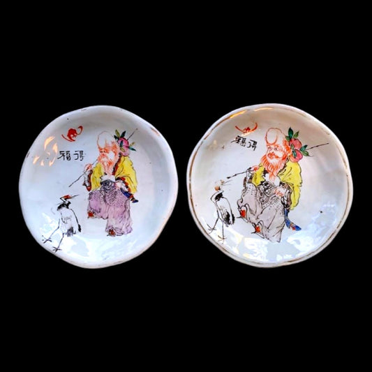 Antique Chinese Republic Pottery Dish Set, Wise Man with Peach & Crane