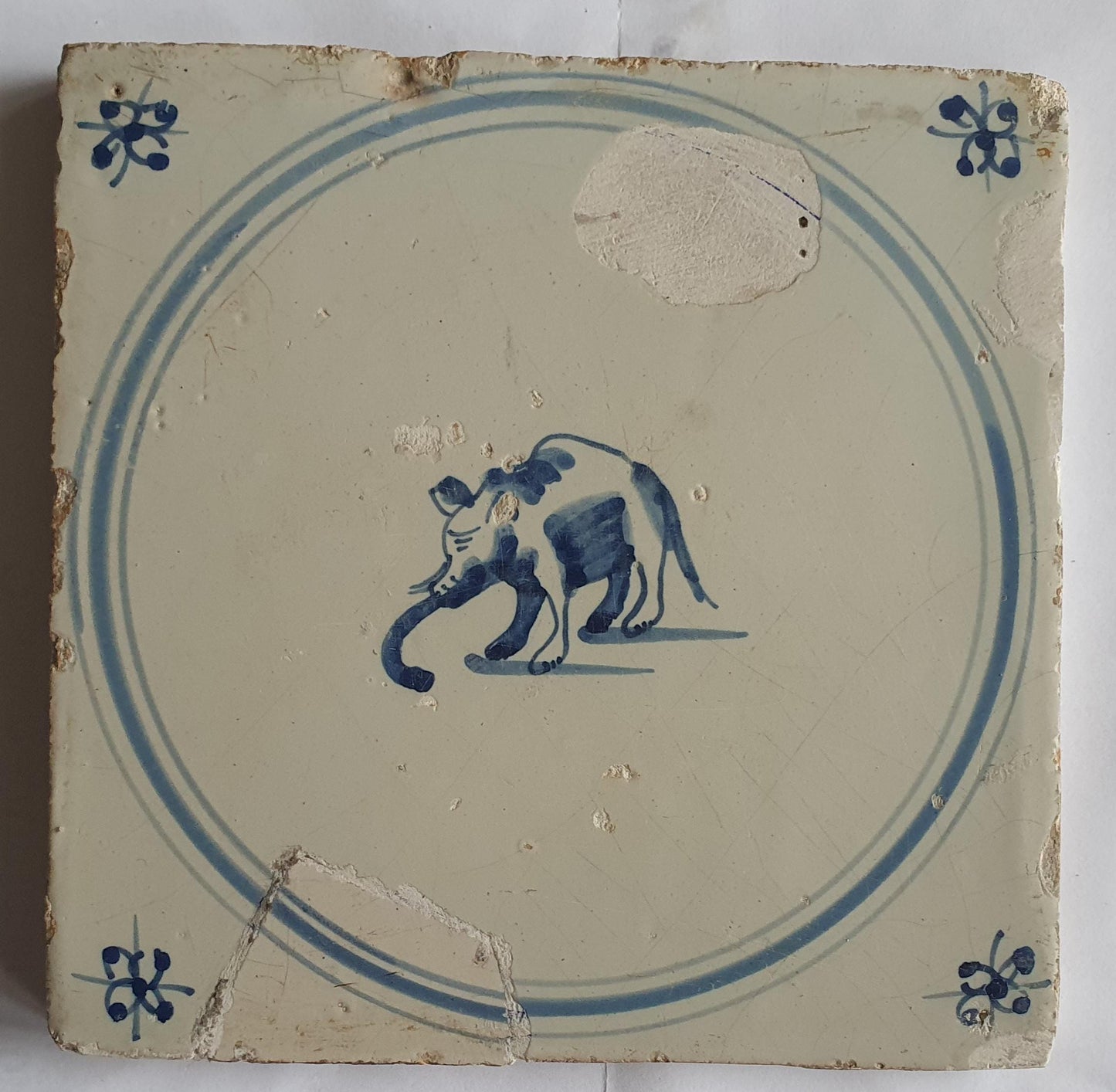 18th rare antique dutch delft 3 double circle tile 18th century, elephant!