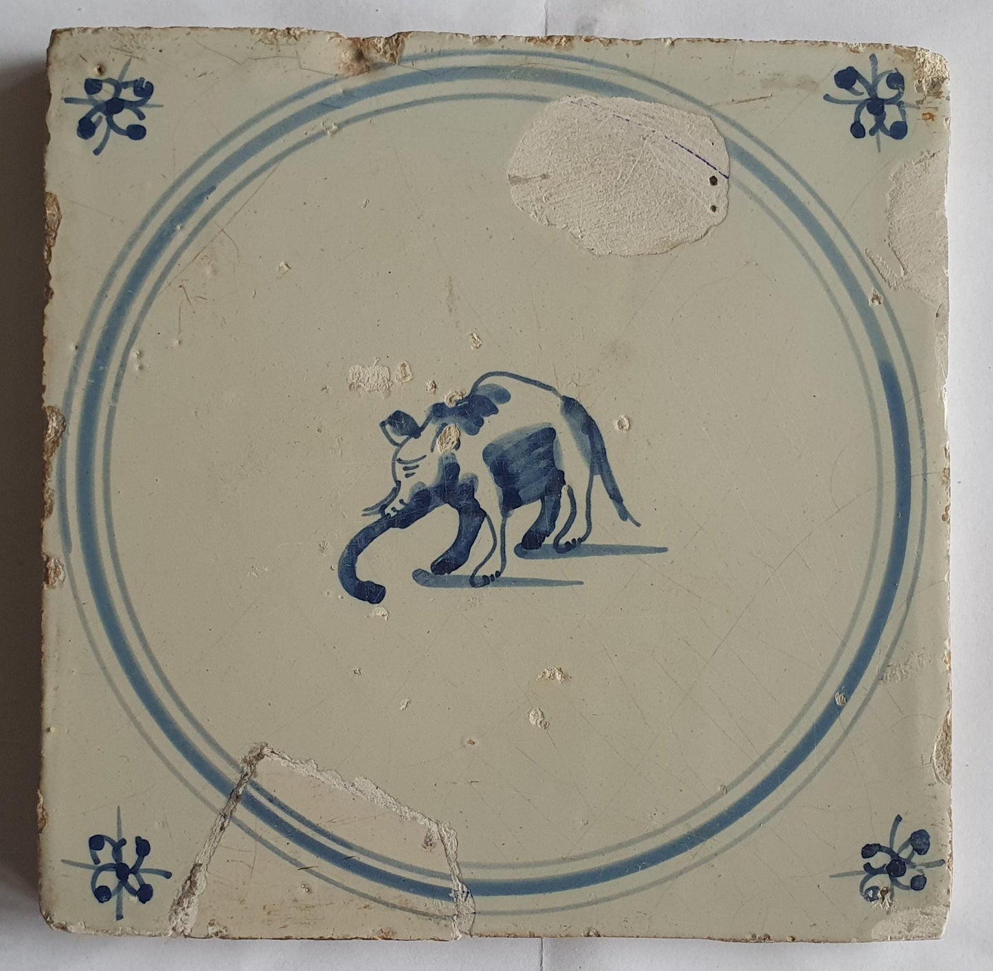 18th rare antique dutch delft 3 double circle tile 18th century, elephant!