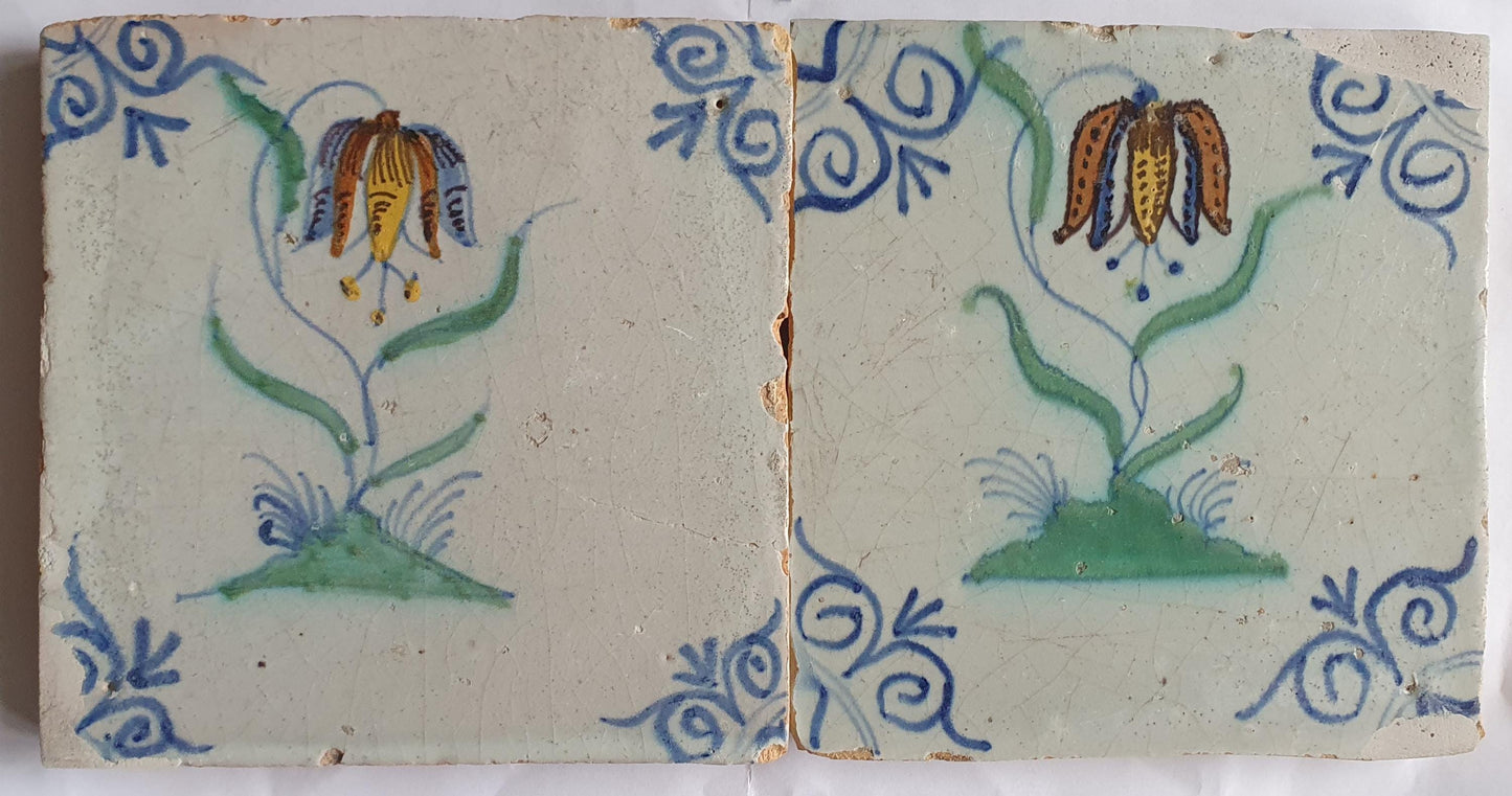2 x Dutch  polychrome flower antique tiles 17th century - delft holland tiles 1640