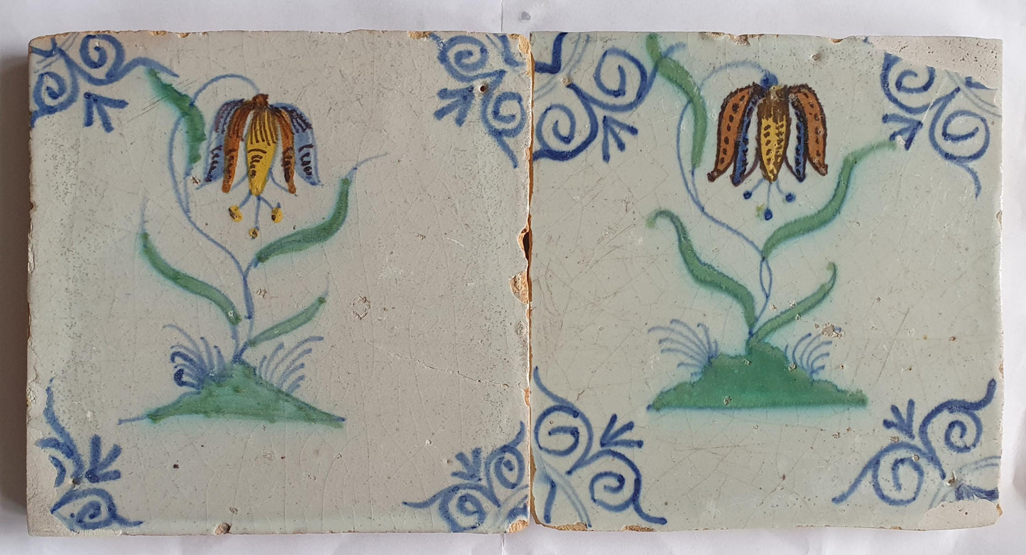 2 x Dutch  polychrome flower antique tiles 17th century - delft holland tiles 1640