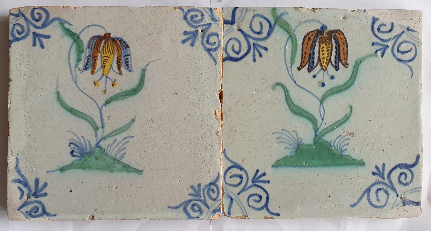 2 x Dutch  polychrome flower antique tiles 17th century - delft holland tiles 1640