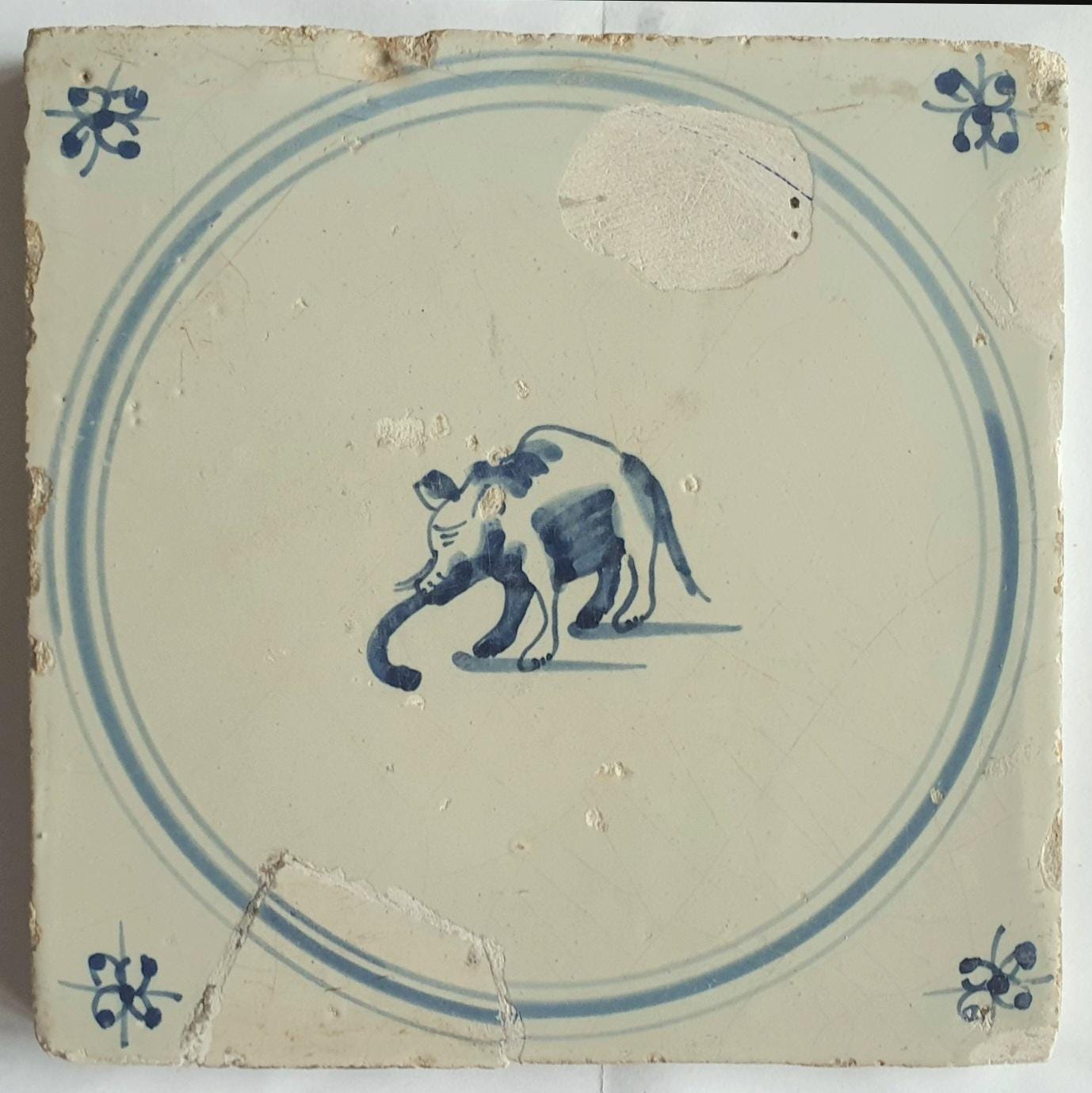 18th rare antique dutch delft 3 double circle tile 18th century, elephant!