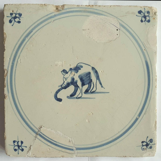 18th rare antique dutch delft 3 double circle tile 18th century, elephant!