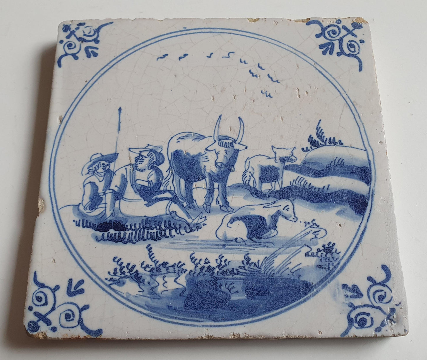 Antique Delft Tile, 17th Century, Pastoral Scene