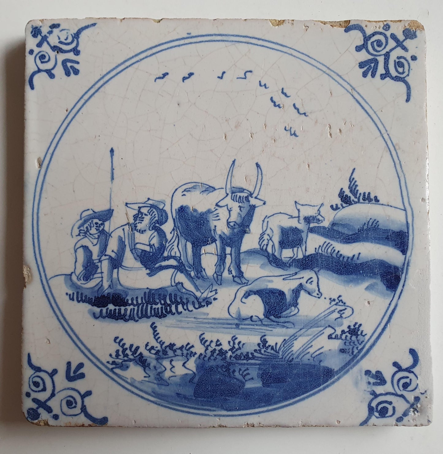 Antique Delft Tile, 17th Century, Pastoral Scene