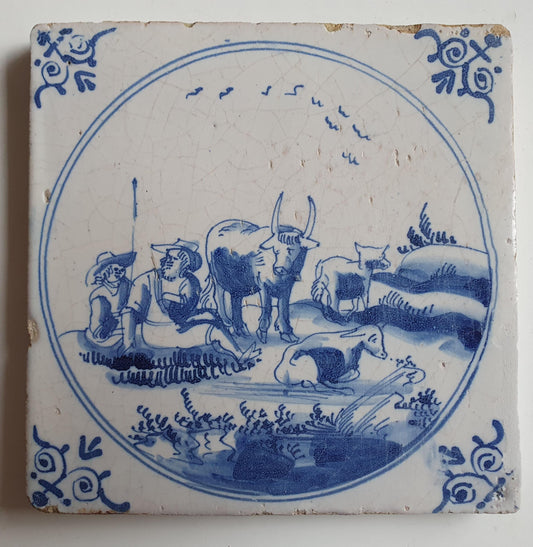 Antique Delft Tile, 17th Century, Pastoral Scene