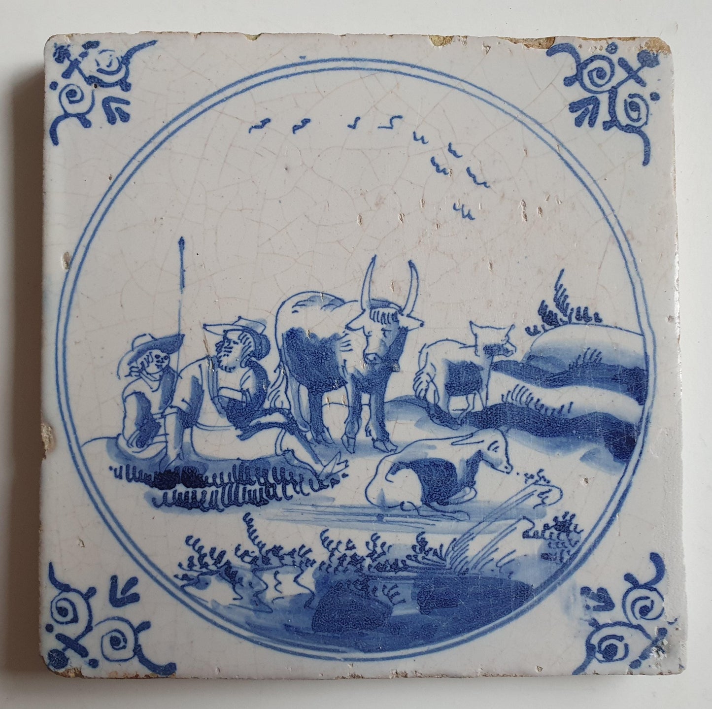 Antique Delft Tile, 17th Century, Pastoral Scene