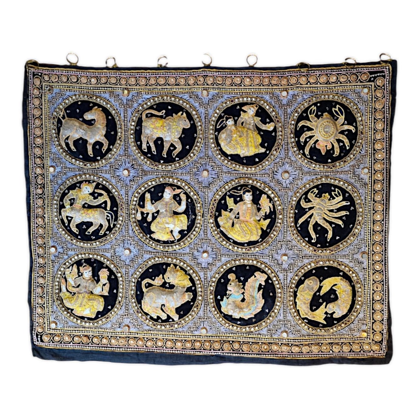 Vintage Kalaga Tapestry, Burmese Embroidered Zodiac Wall Hanging