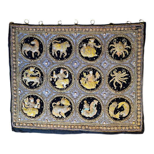 Vintage Kalaga Tapestry, Burmese Embroidered Zodiac Wall Hanging