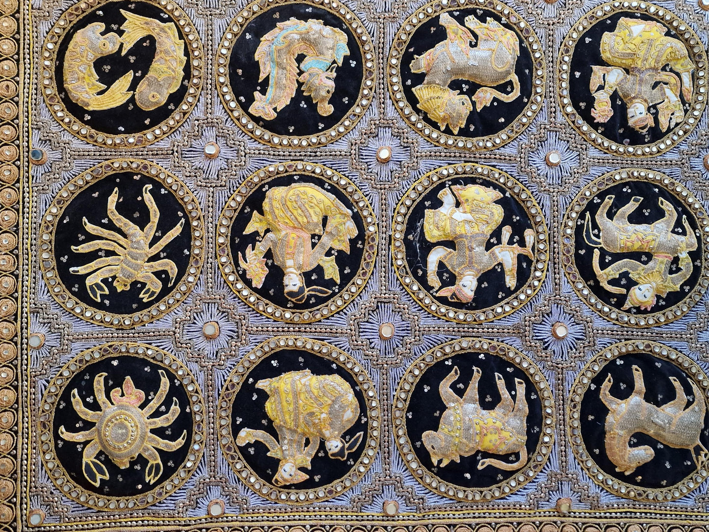 Vintage Kalaga Tapestry, Burmese Embroidered Zodiac Wall Hanging