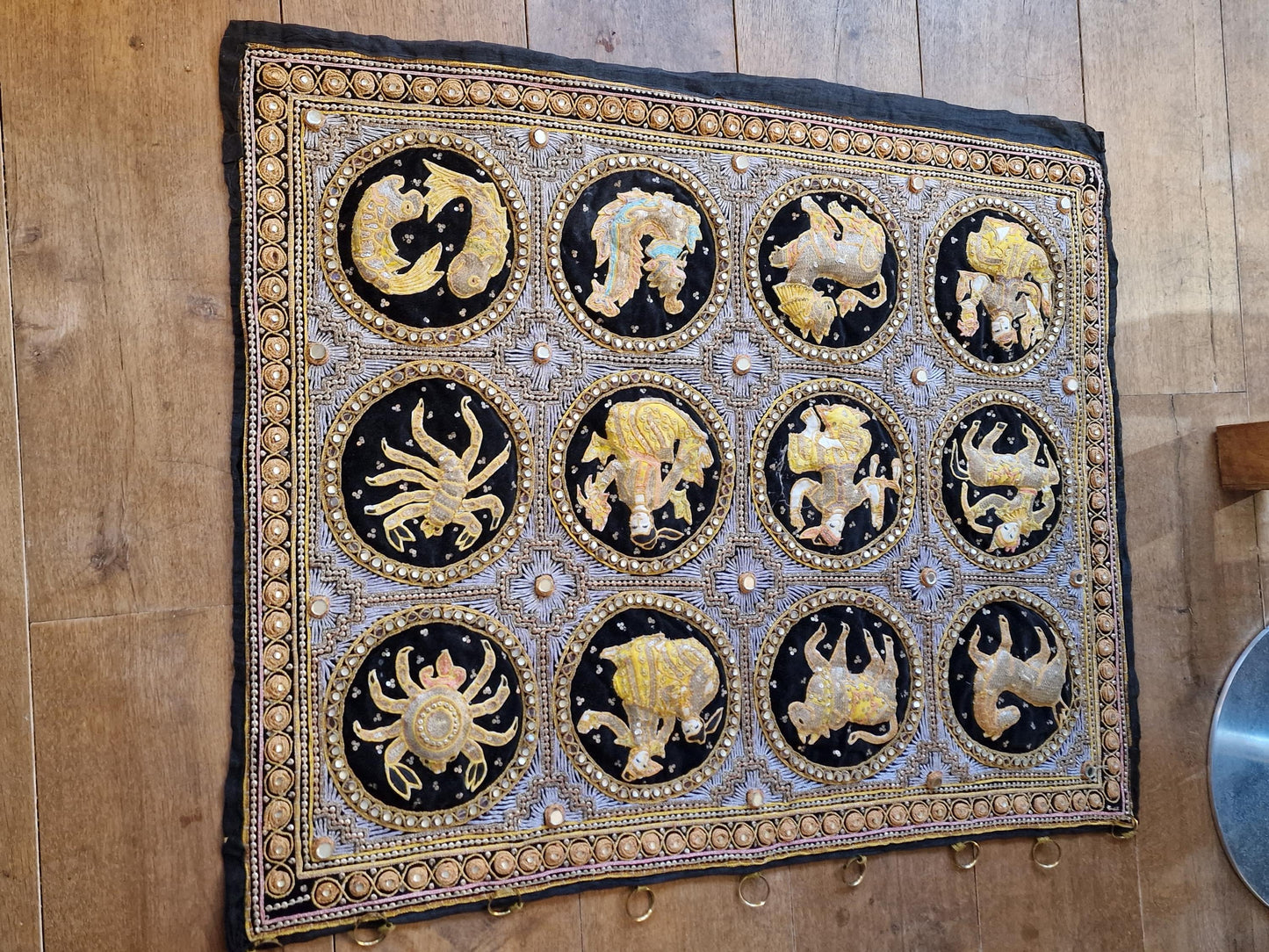 Vintage Kalaga Tapestry, Burmese Embroidered Zodiac Wall Hanging