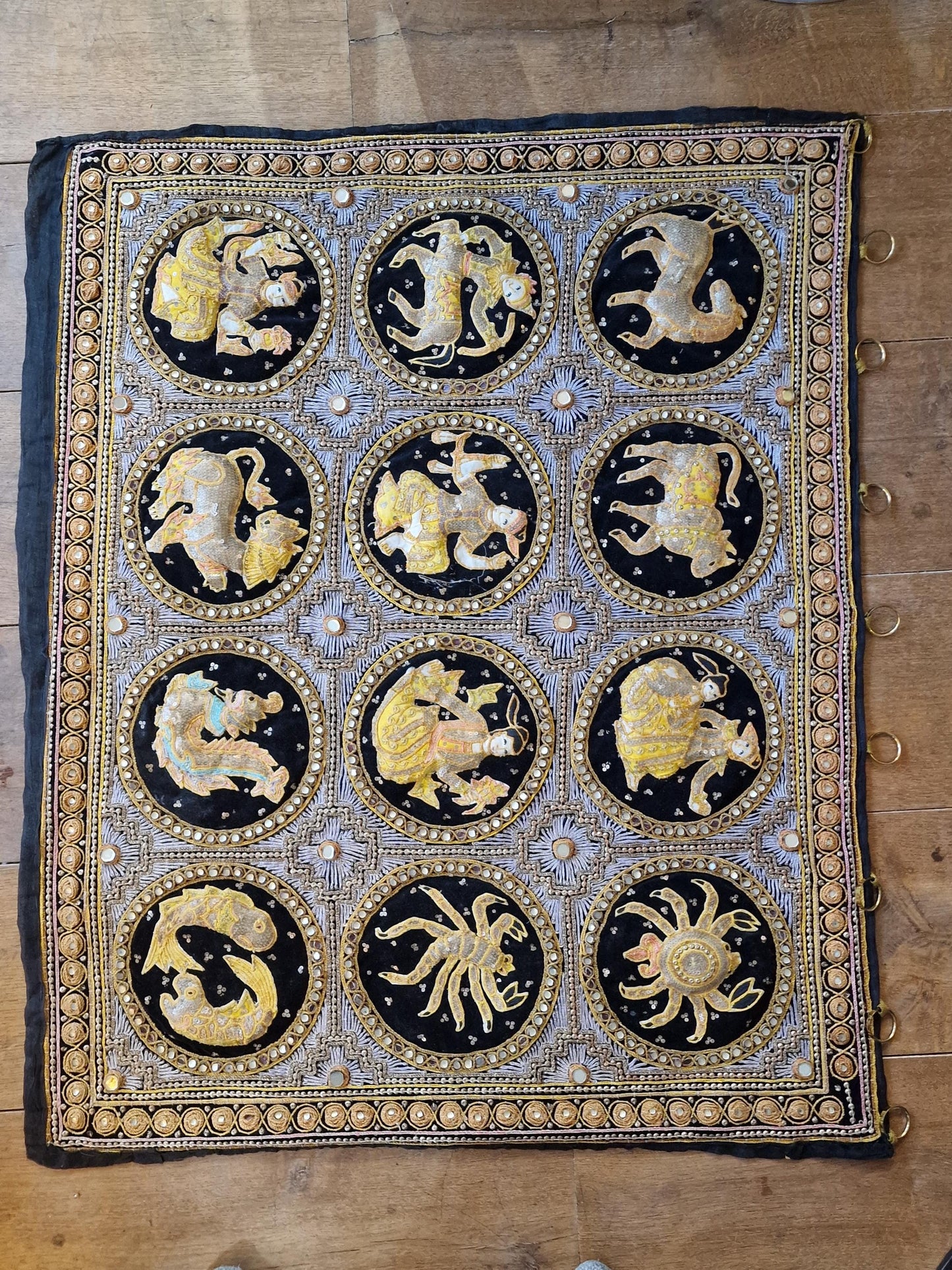 Vintage Kalaga Tapestry, Burmese Embroidered Zodiac Wall Hanging