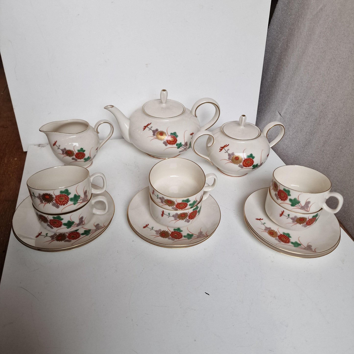 6p handpainted porcelain service tea japanese vintage porcelain chrysanten gold