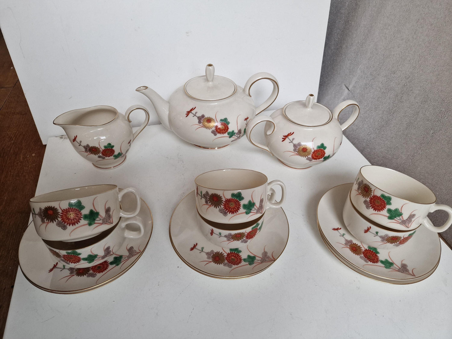 6p handpainted porcelain service tea japanese vintage porcelain chrysanten gold
