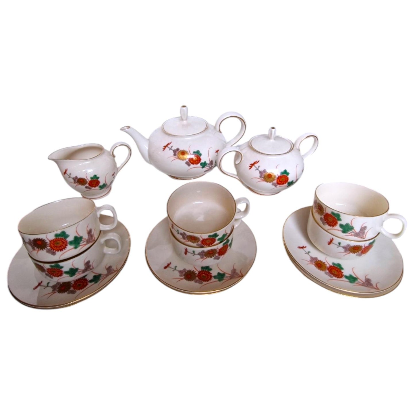 6p handpainted porcelain service tea japanese vintage porcelain chrysanten gold