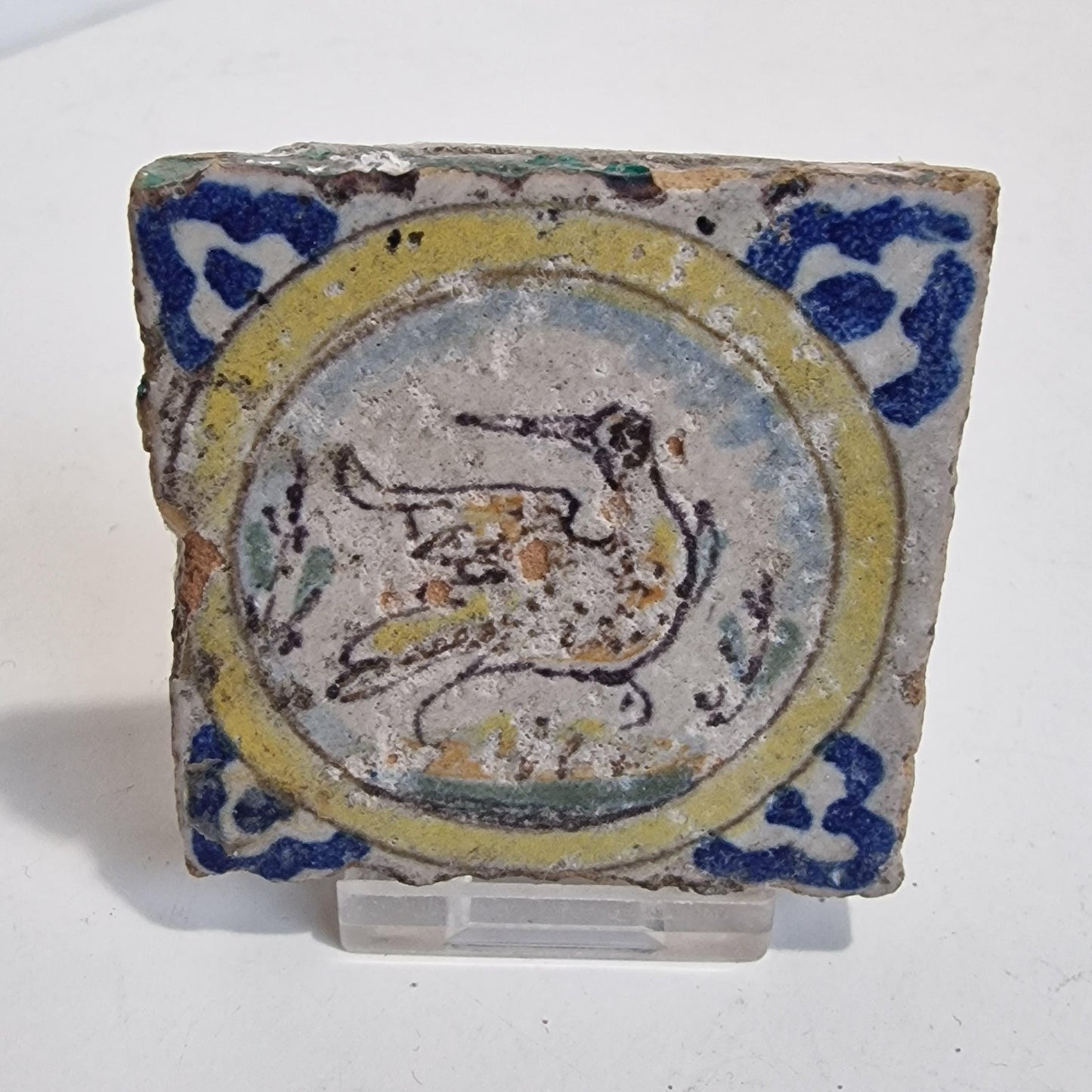 antieke polychrome kleinformaat cirkeltegel, 7 x 7 cm klein dik oud antique spanish mediterranian tile