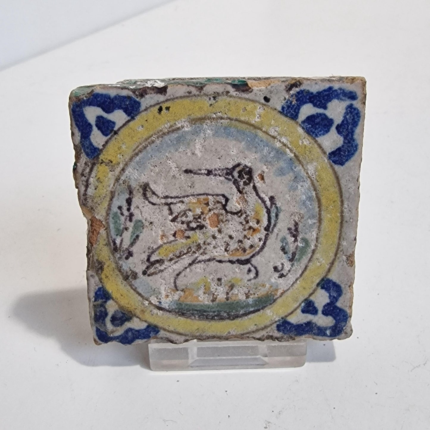 antieke polychrome kleinformaat cirkeltegel, 7 x 7 cm klein dik oud antique spanish mediterranian tile