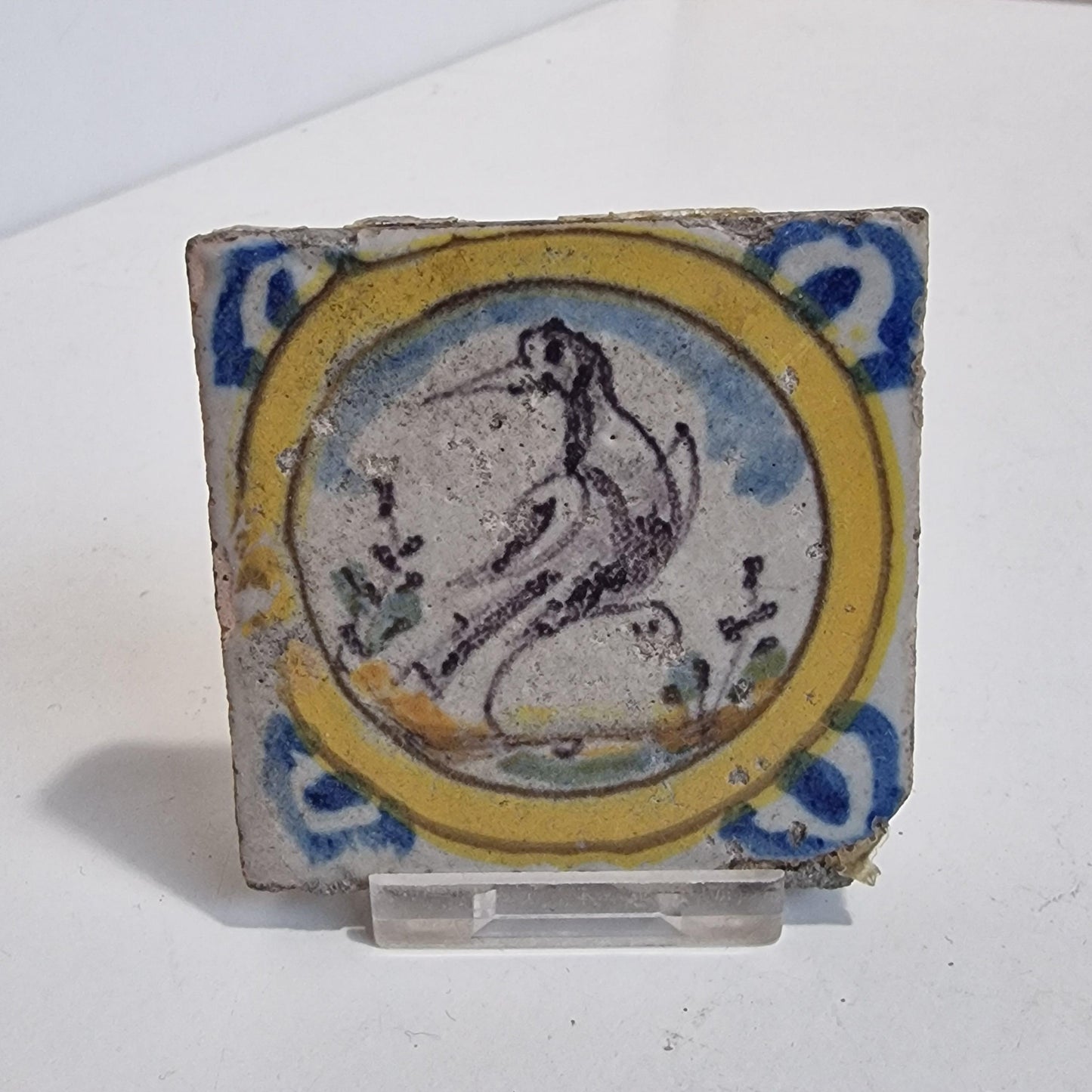 antieke polychrome kleinformaat cirkeltegel, 7 x 7 cm klein dik oud antique spanish mediterranian tile