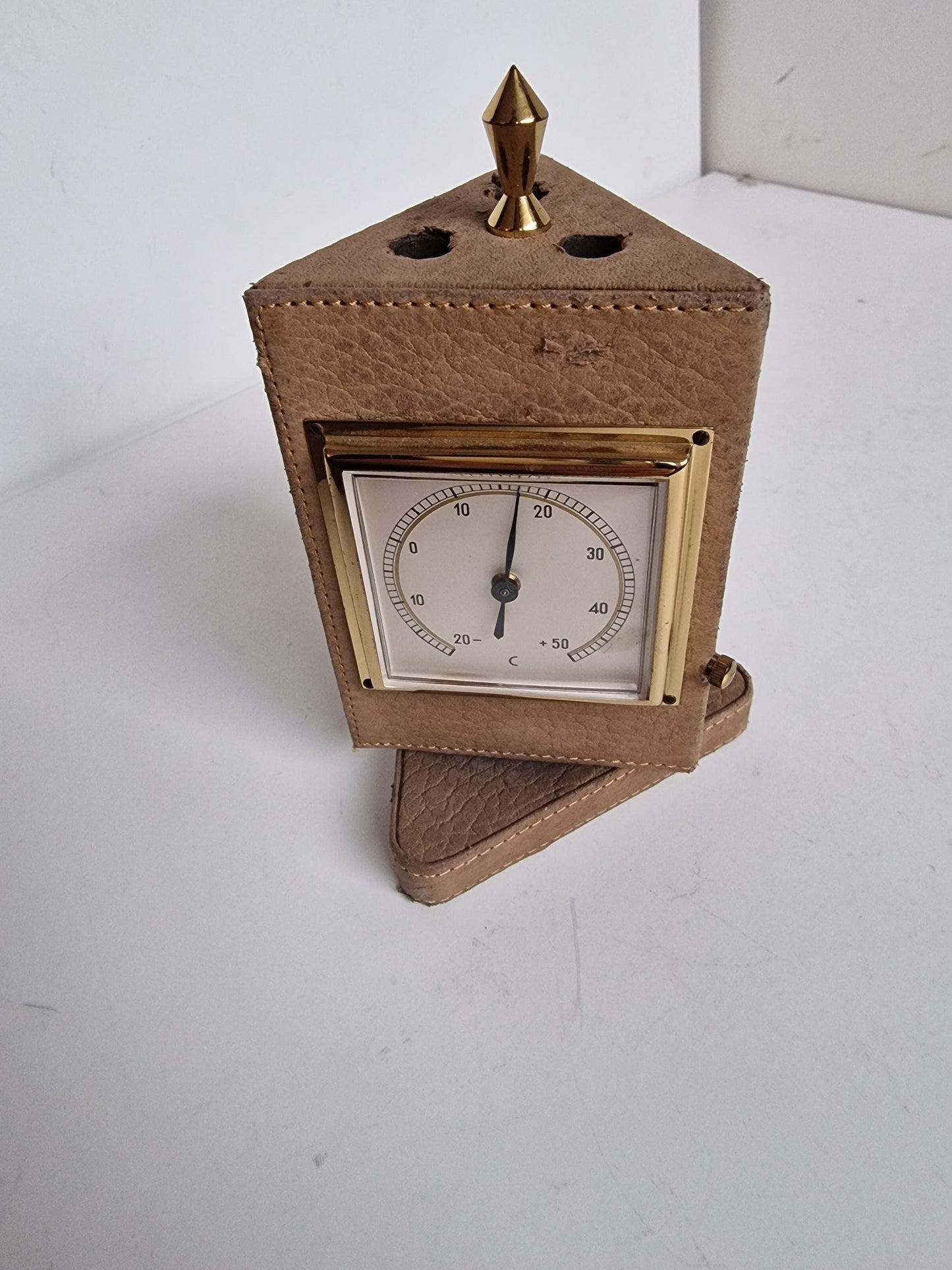 Vintage jaren 60 roterende brass leather barometer/thermometer/vochtigheid Duitsland - vintage weermeter. hygrometer