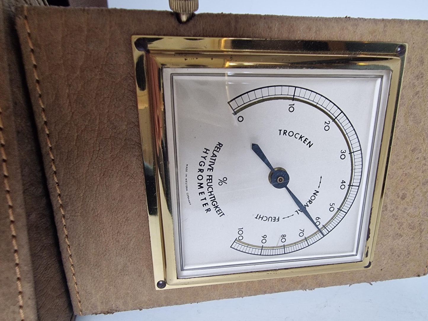Vintage jaren 60 roterende brass leather barometer/thermometer/vochtigheid Duitsland - vintage weermeter. hygrometer