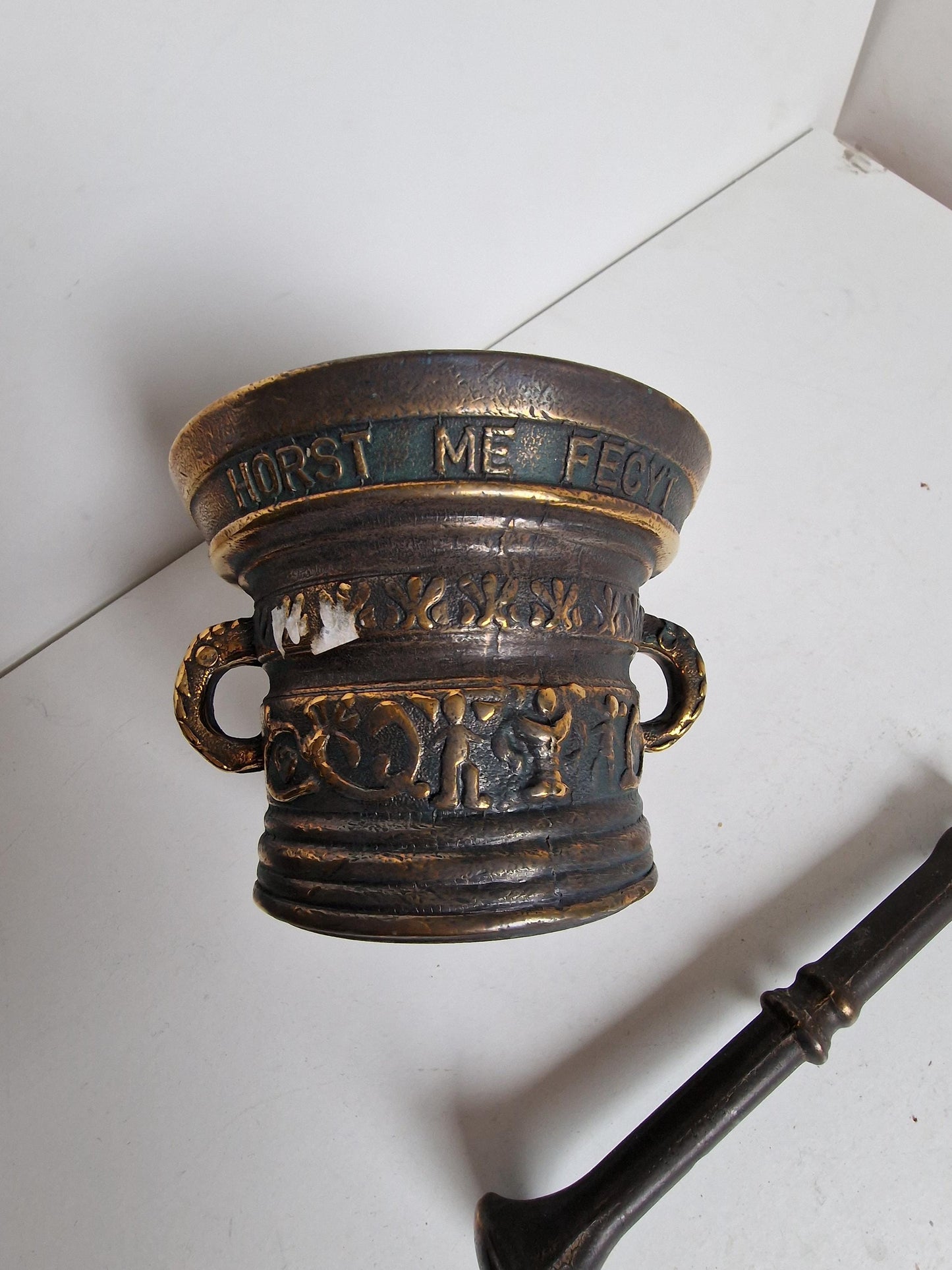 Vijzel mooi ornament, copper mortar vintage after 17th