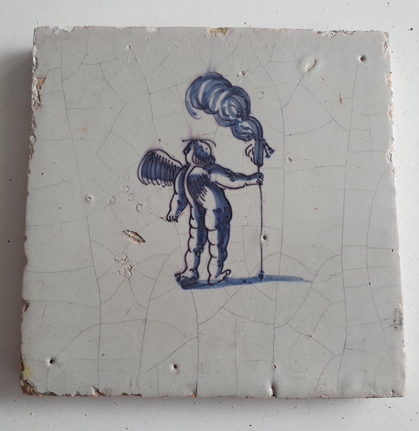 Antique Dutch Tile -  angel with ?  - Dated 1700, , delft blue , holland 17th century