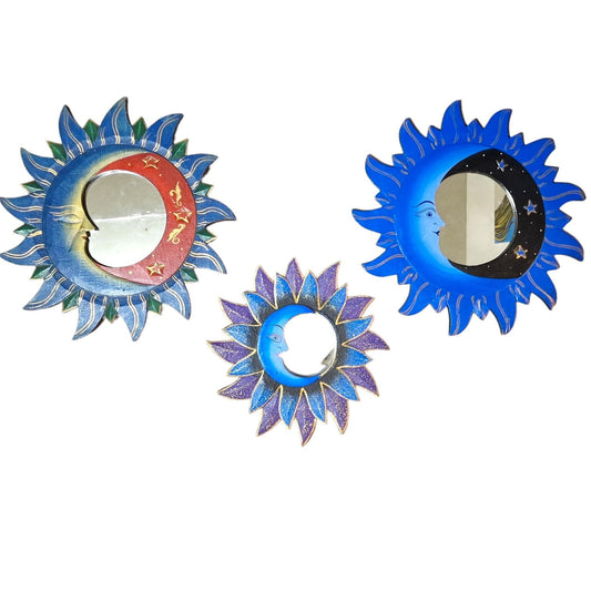 Vintage Italian Wood Sun & Moon Mirrors, 70s Retro Ibiza Decor