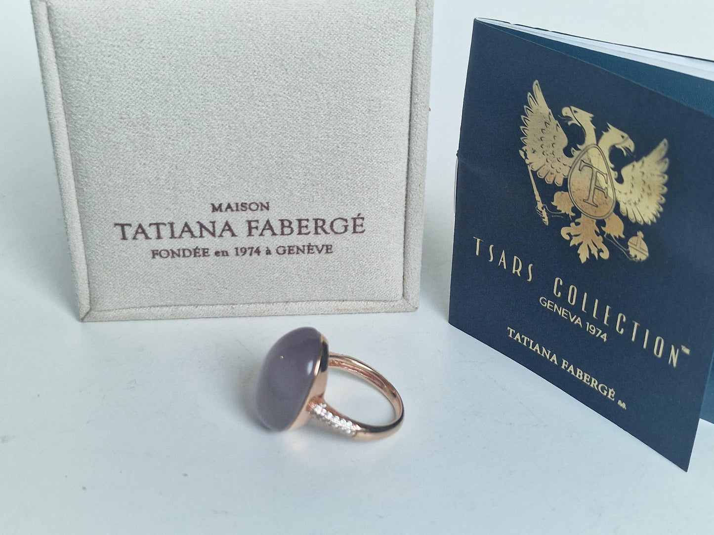 Tatiana Fabergé Egg Ring, 22KT Rose Gold Gilded Sterling Silver, Gray Lila Cabochon faberge