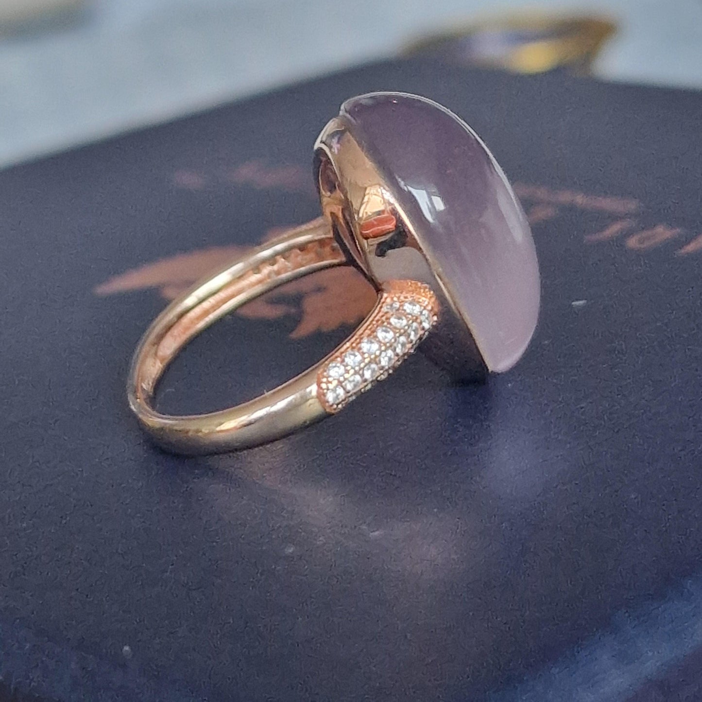 Tatiana Fabergé Egg Ring, 22KT Rose Gold Gilded Sterling Silver, Gray Lila Cabochon faberge