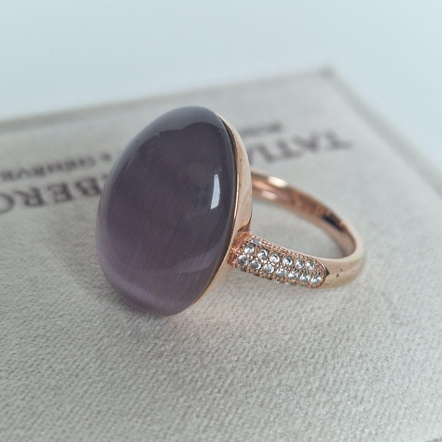 Tatiana Fabergé Egg Ring, 22KT Rose Gold Gilded Sterling Silver, Gray Lila Cabochon faberge