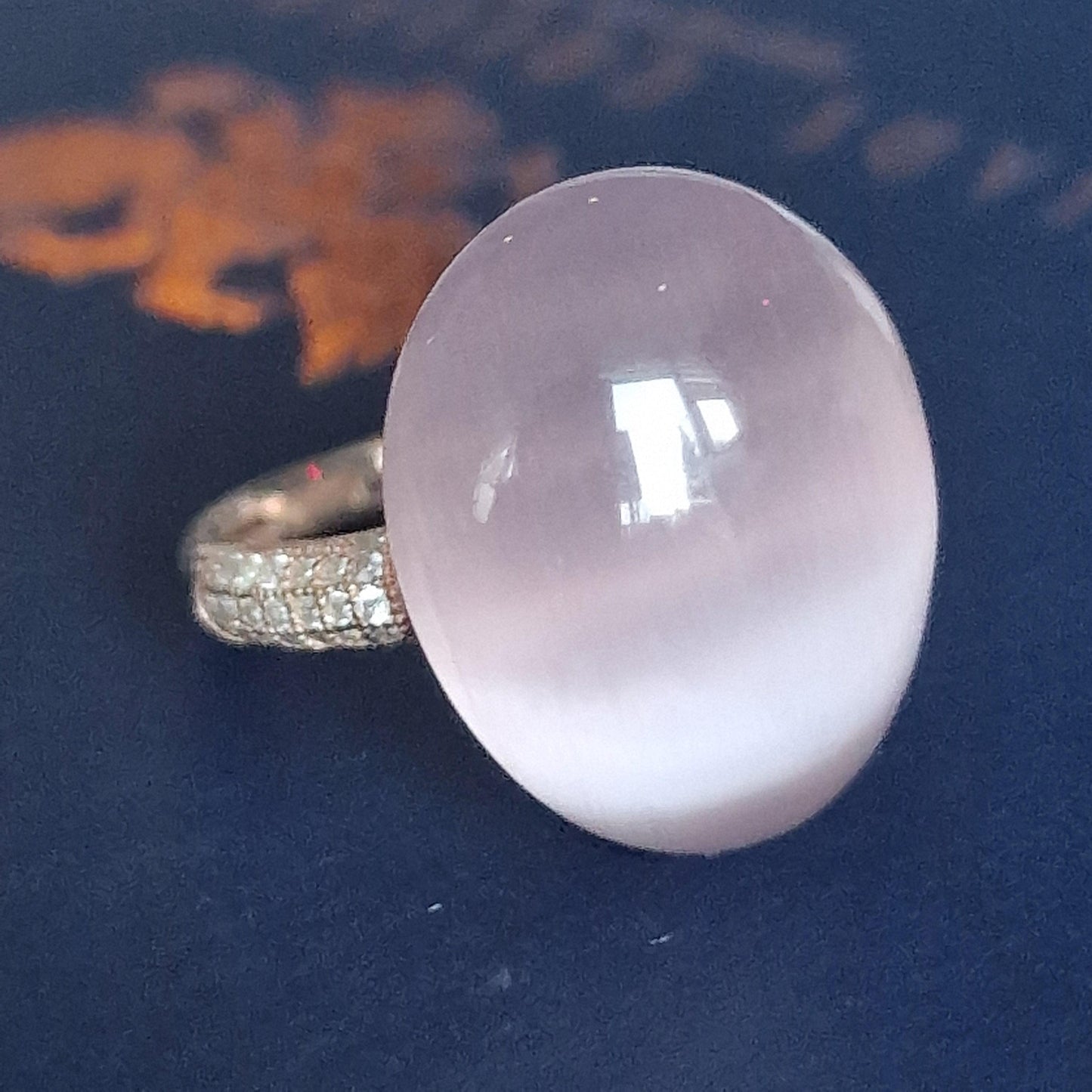 Tatiana Fabergé Egg Ring, 22KT Rose Gold Gilded Sterling Silver, Gray Lila Cabochon faberge