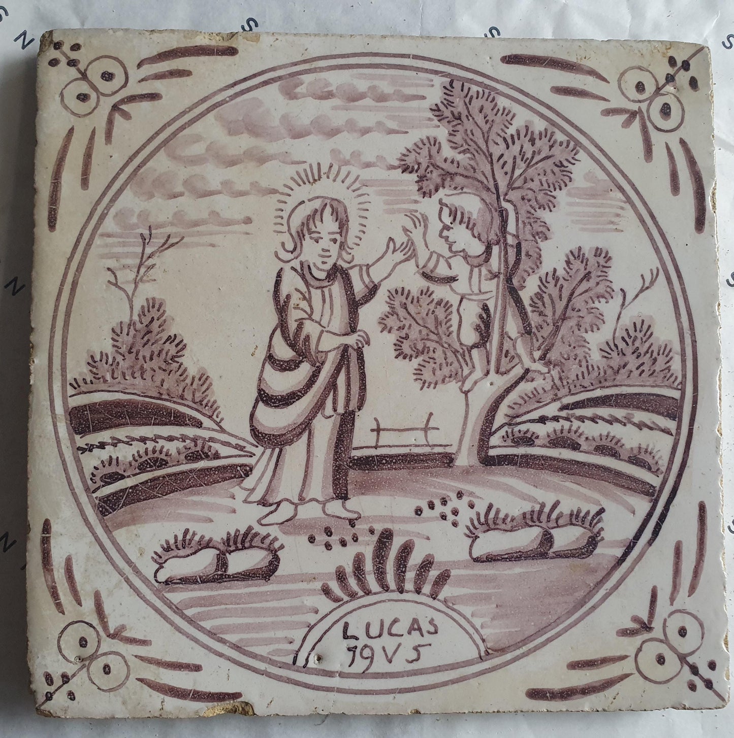 This rare antique Delft tile depicts the Biblical scene.  alround 1760